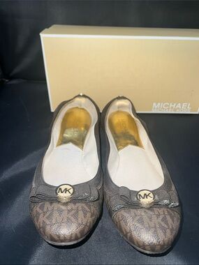 Michael Kors Brown MK Logo Ballet Flats with Gold Tone Emblem